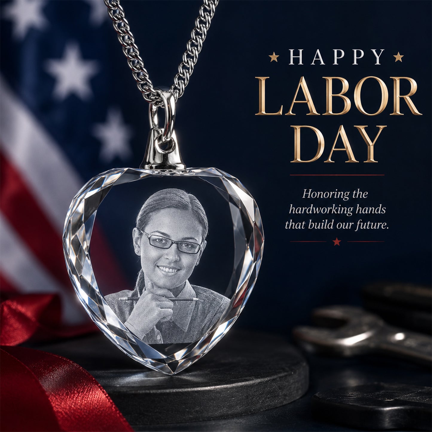 Custom Crystal Photo Keychain with LED Light - Labour Day Gift