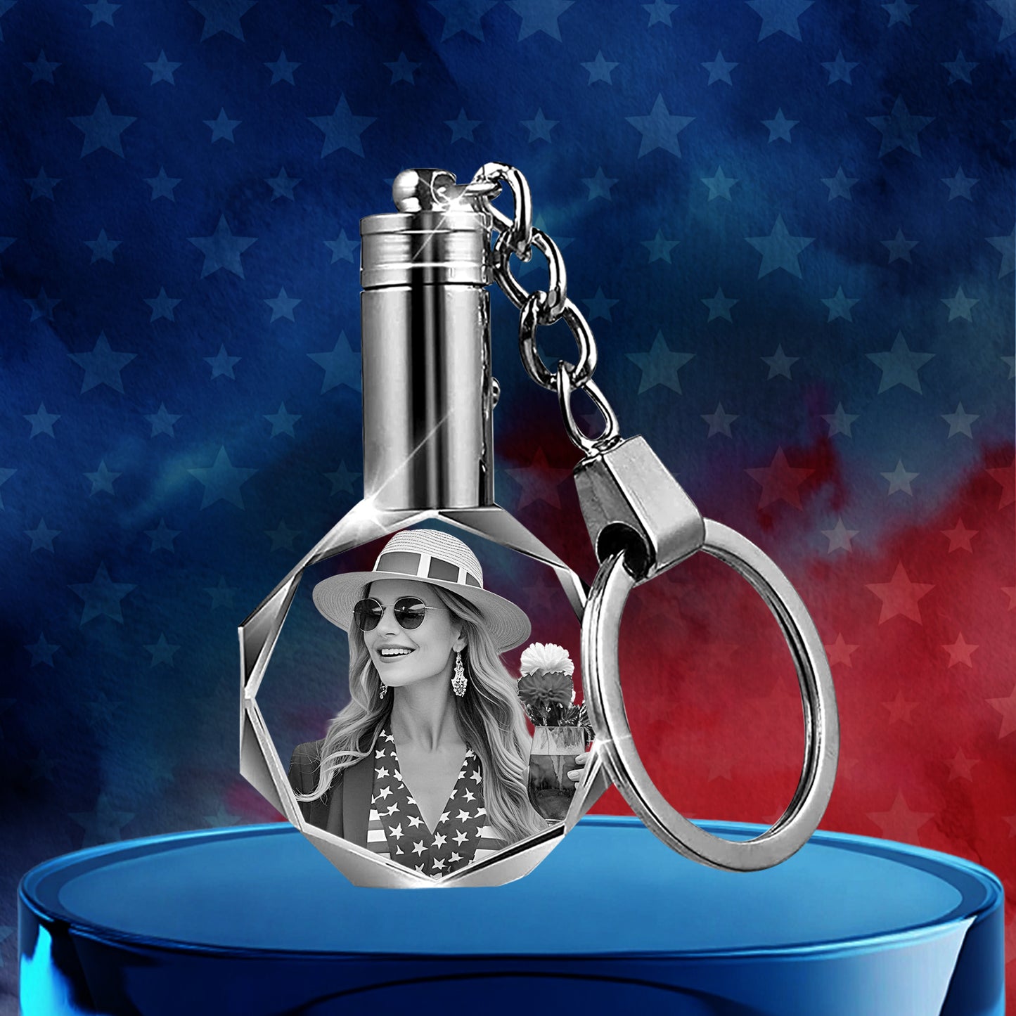 Independence Day Gift – Custom Crystal Photo Round Keychain with LED Light