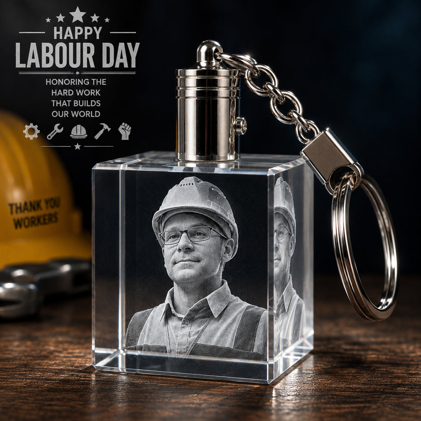 Labour  Day Custom 3D Crystal Photo Keychain