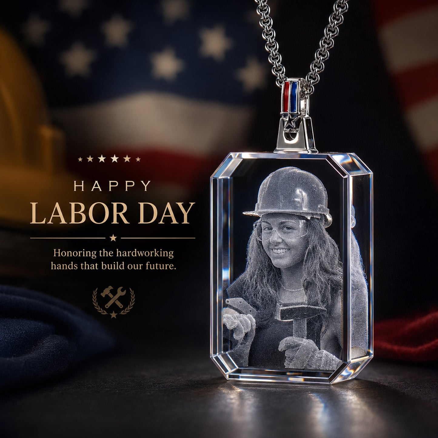 Labour Day Square-Shaped 3D Crystal Necklace