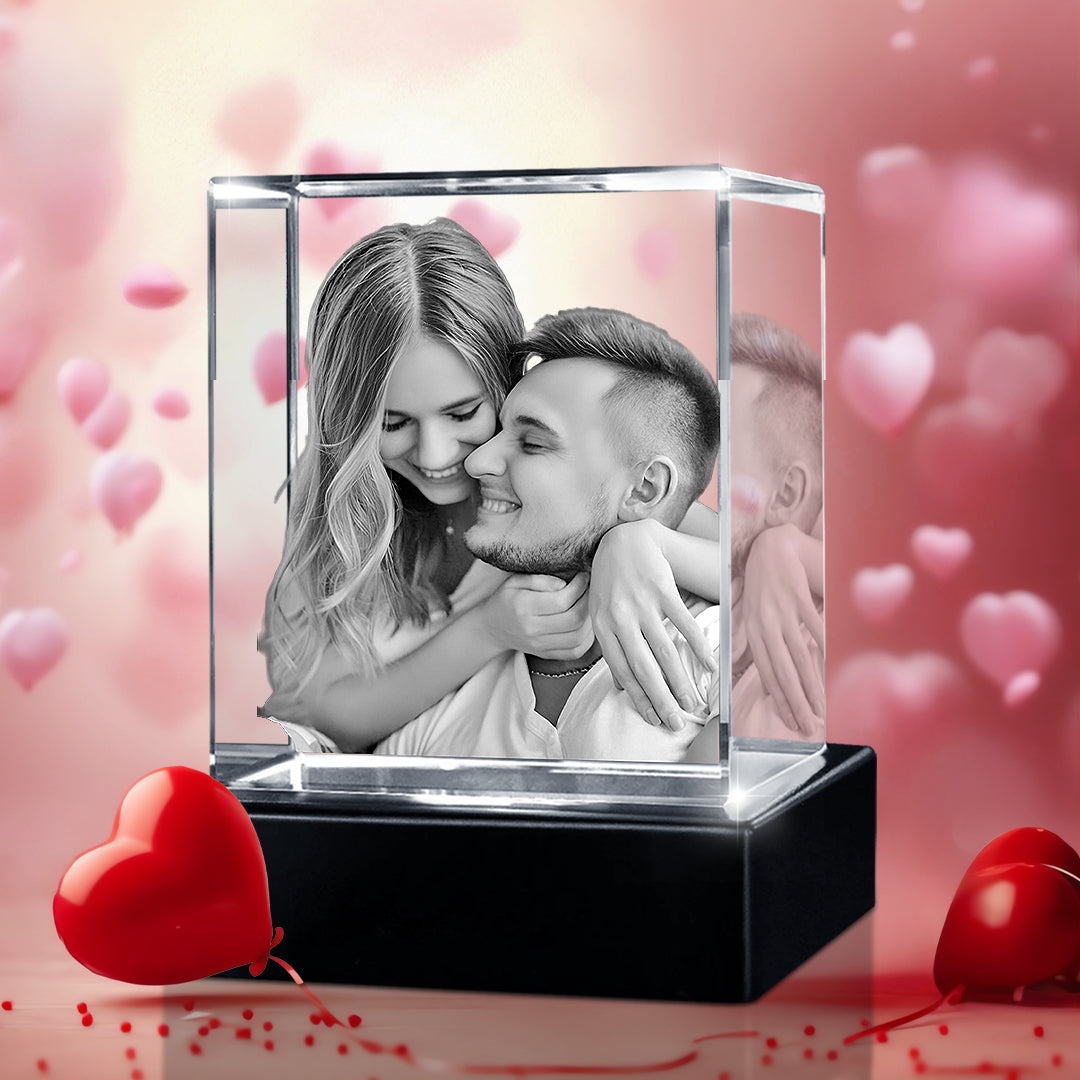 Custom 3D Crystal Cube Photo Frame with LED Lights – Valentine Day Gift